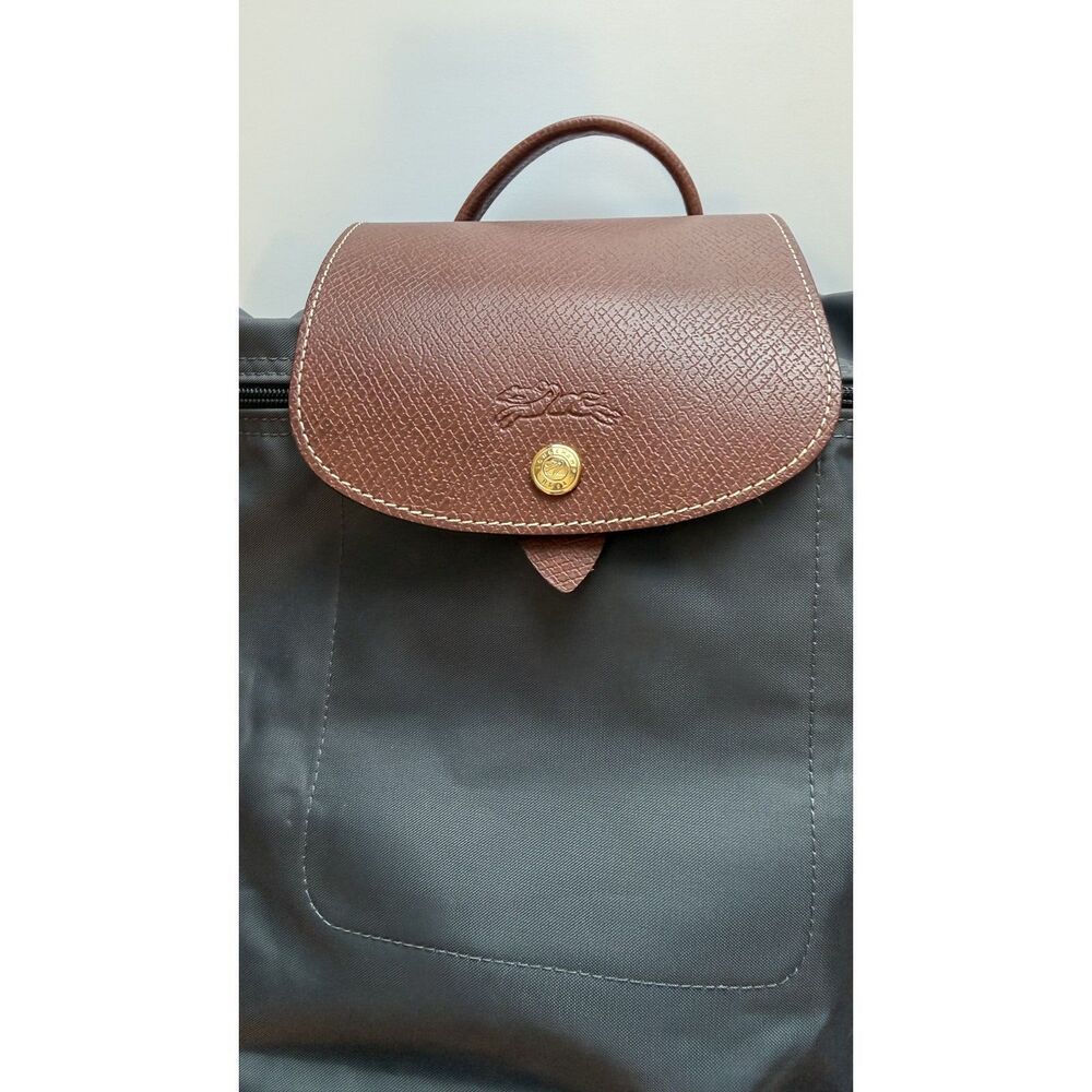 Longchamp Le Pliage Backpack Gray Nylon Brown Leather Travel Daypack Foldable - Picture 4 of 8